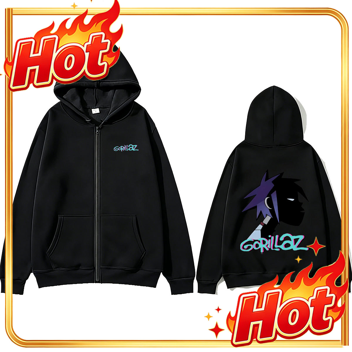 Mens Fashion Zip Up Hoodies - Rockband Gorillaz Gesichtsgrafik Reißverschluss-Hoodie Herren Damen
